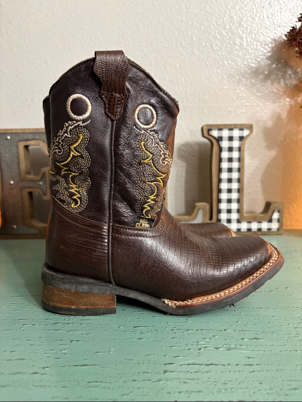Kids Brown Western Cowboy Boots with Yellow Stitching